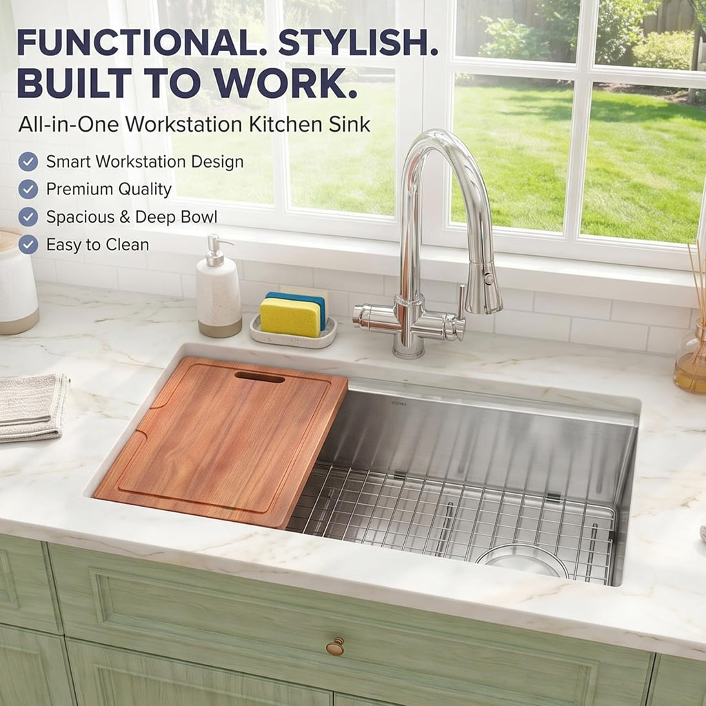 Undermount Kitchen Sink 32 inch,16 Gauge Stainless Steel Workstation Sinks,Large Single Bowl Kitchen Sink Offset