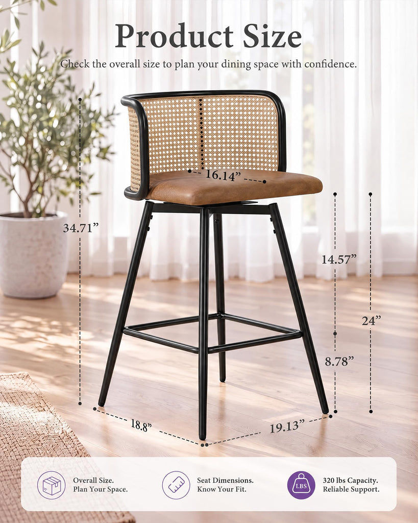 26" Swivel Rattan Bar Stools Set of 2, Counter Height Barstools, Brown