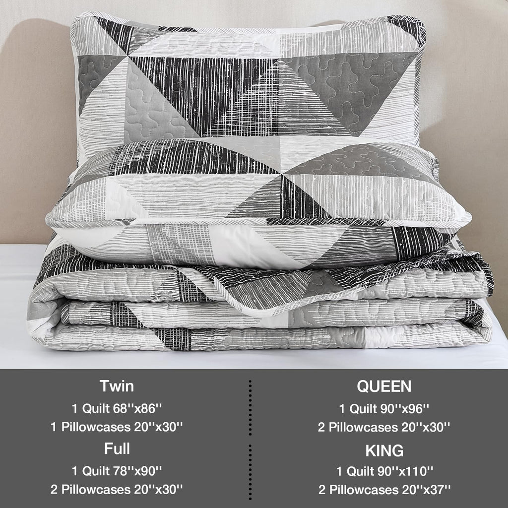 Patchwork Quilt Set Gray Geometric Bedspread 3 Pieces