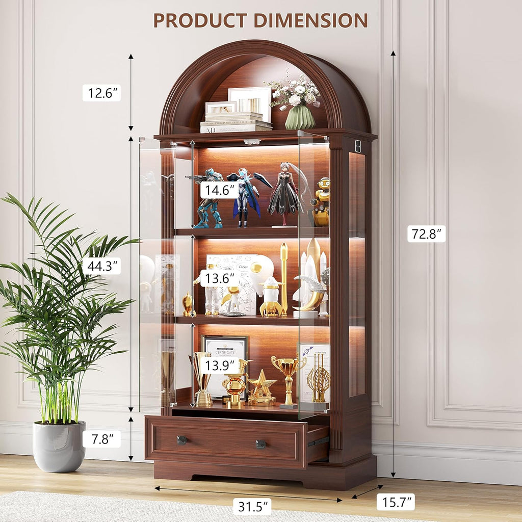 Curio Cabinet with Glass Doors & LED Lights | 72" Tall, Arched Display Cabinet, Human Sensor Lights, 4-Tier Large