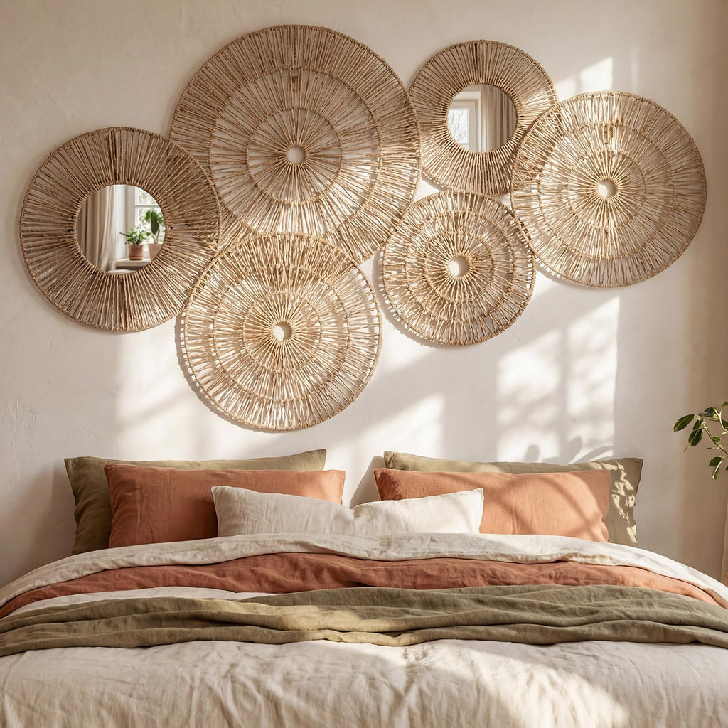 9 Pack Wicker Jute Wall Decor Baskets - Wicker Woven Jute Wall Mirrors Baskets Decorative Boho Hanging Woven Basket