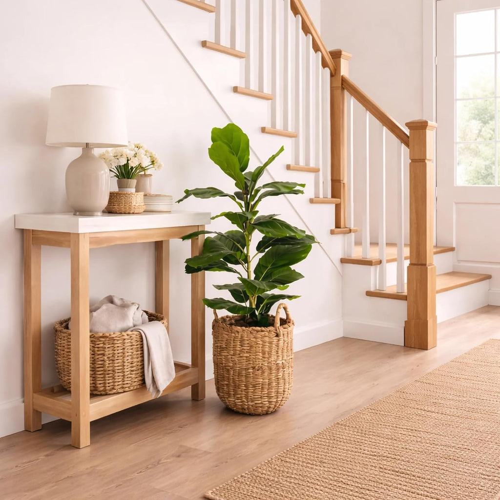 2.5 ft Artificial Fig Tree Plant in Basket, Faux Fiddle Leaf Fig Indoor Plant Decor, Realistic Designer Fake Potted