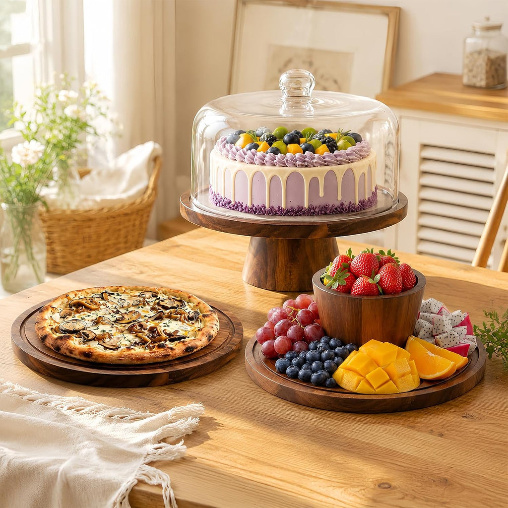 Acacia Wood Cake Stand with Lid - 12 Inch Magnetic Detachable Cake Stand with Dome, Shatterproof Acrylic Cover
