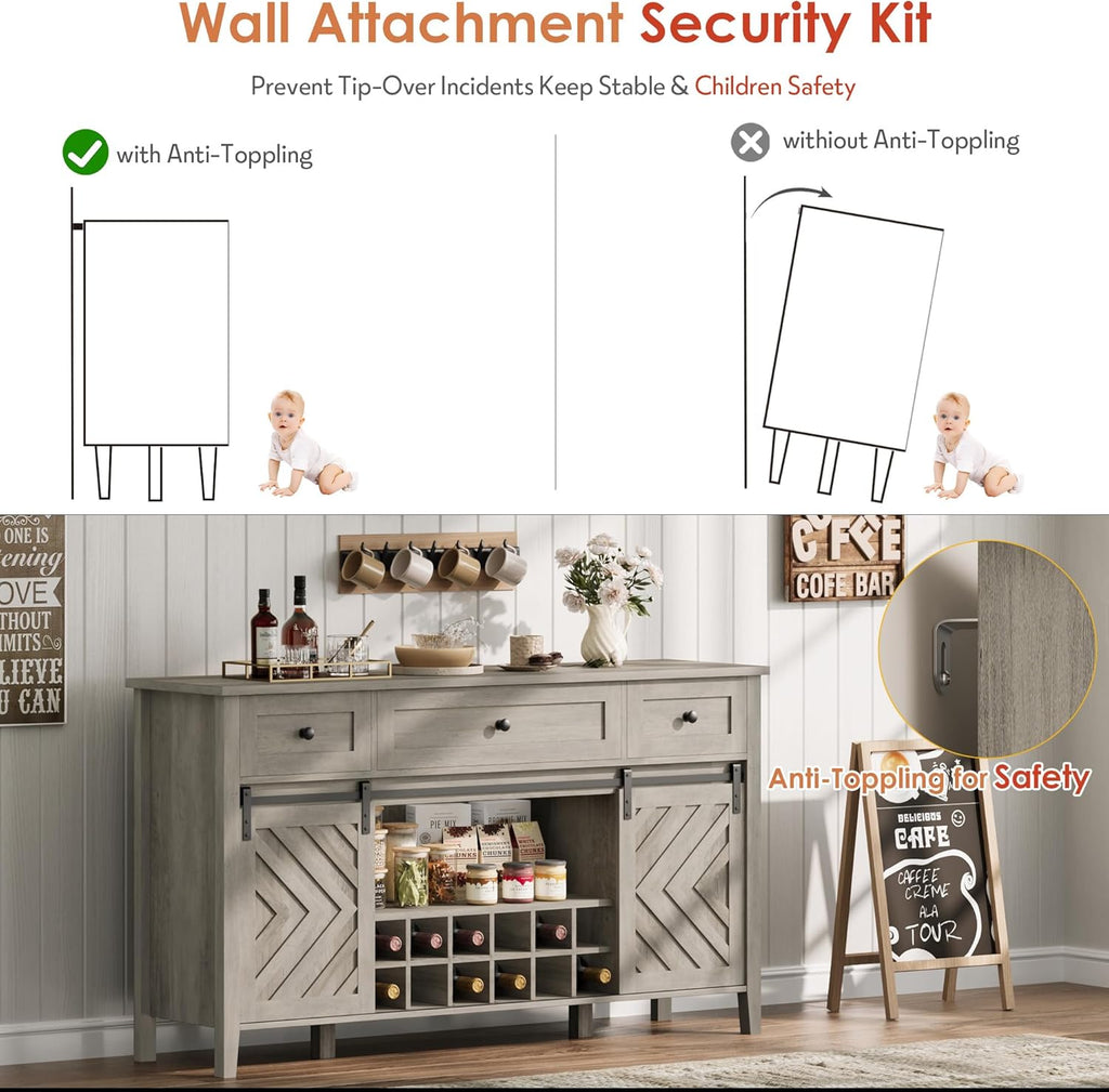 Farmhouse 47.2'' Buffet Cabinet with Sliding Barn Door, 33.4'' Tall Wood Rustic Sideboard with 3 Drawer, Adjustable