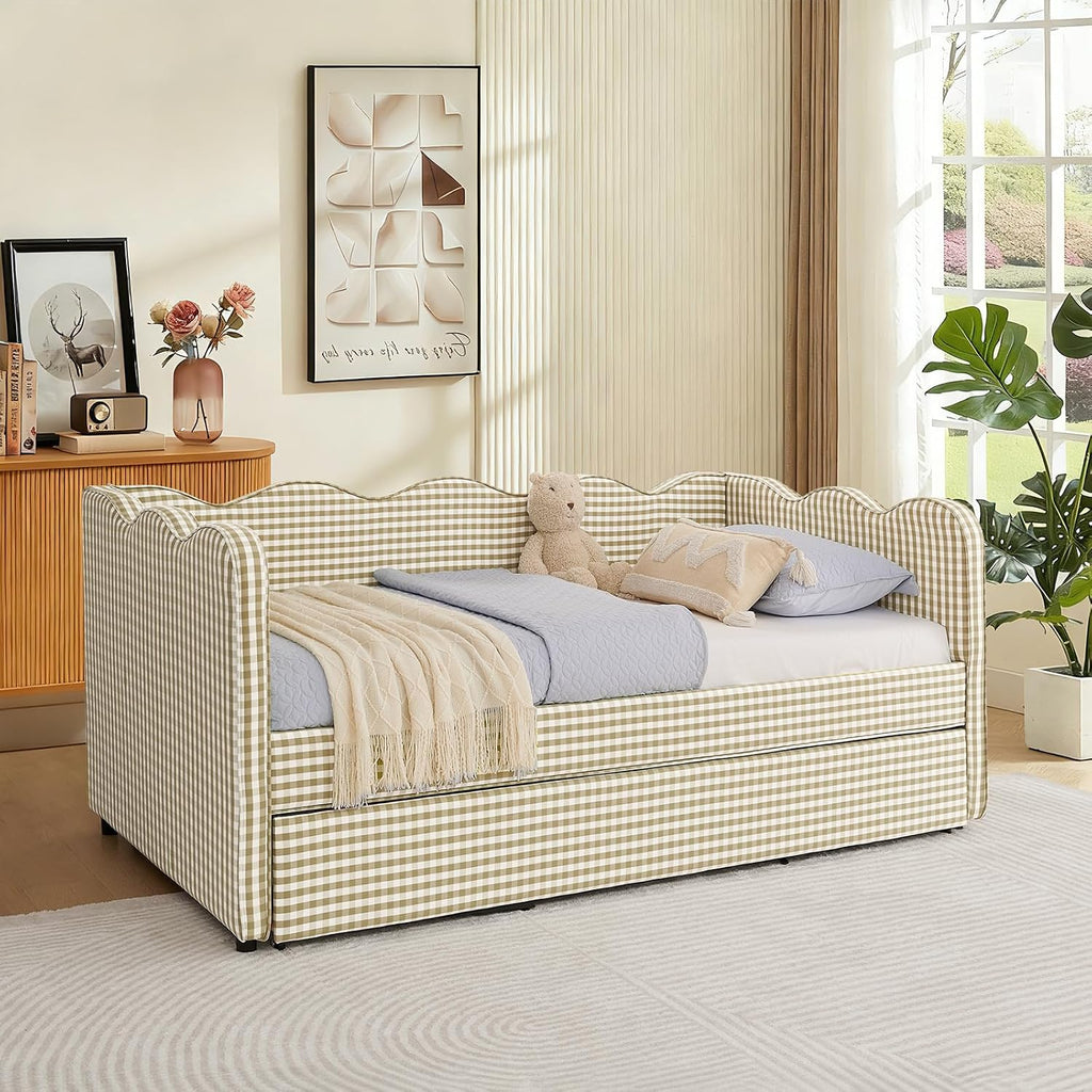 Twin Size Gingham Daybed with Trundle, Upholstered Linen Day Bed Frame with USB Ports & Wave-Shaped Backrest, Modern
