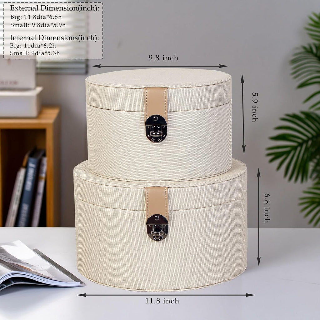 Round White Faux Leather Decorative Boxes with Lid Decor - Set of 2
