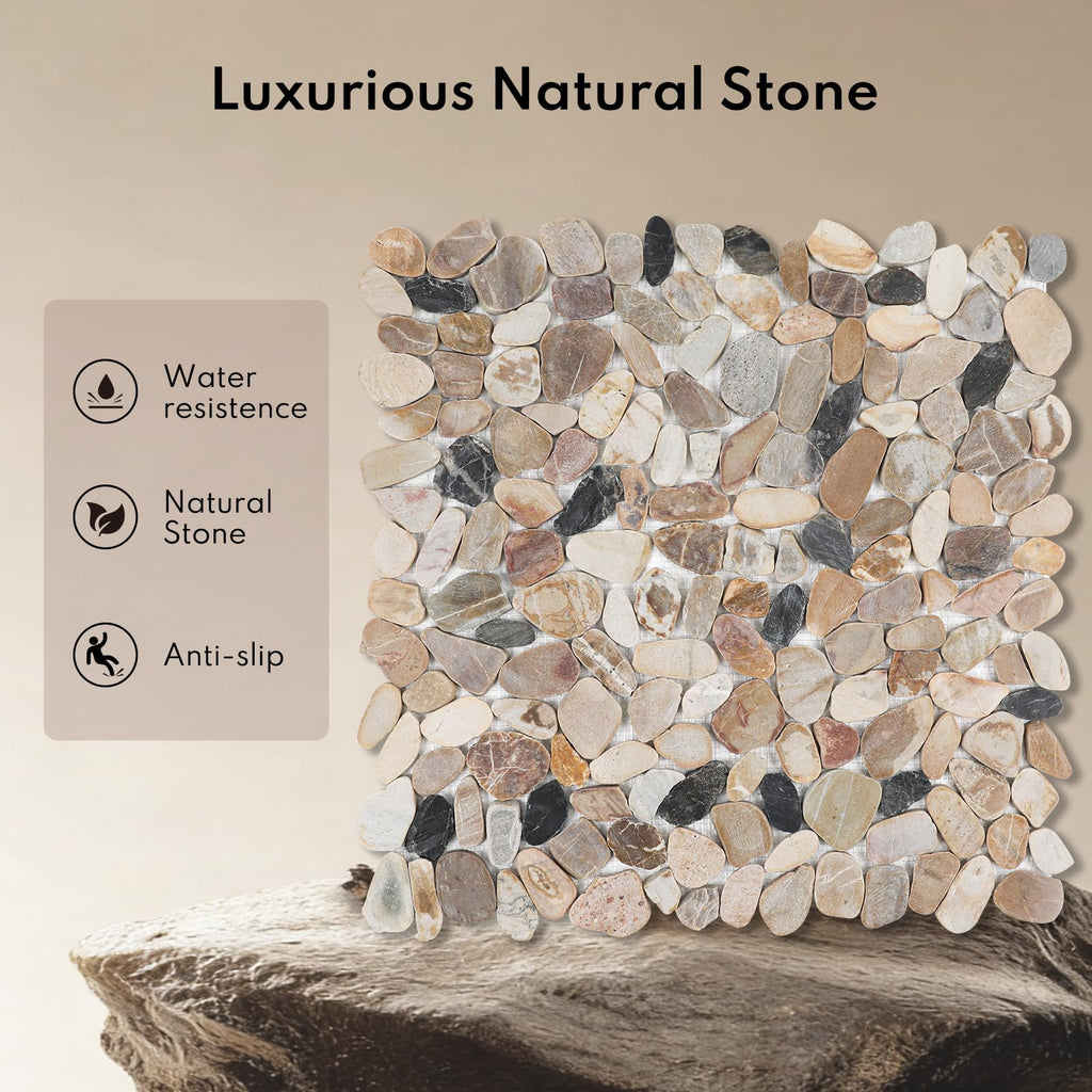 Pebble Tiles for Shower Floor, Sliced Mix River Rock, 12x12 Inch