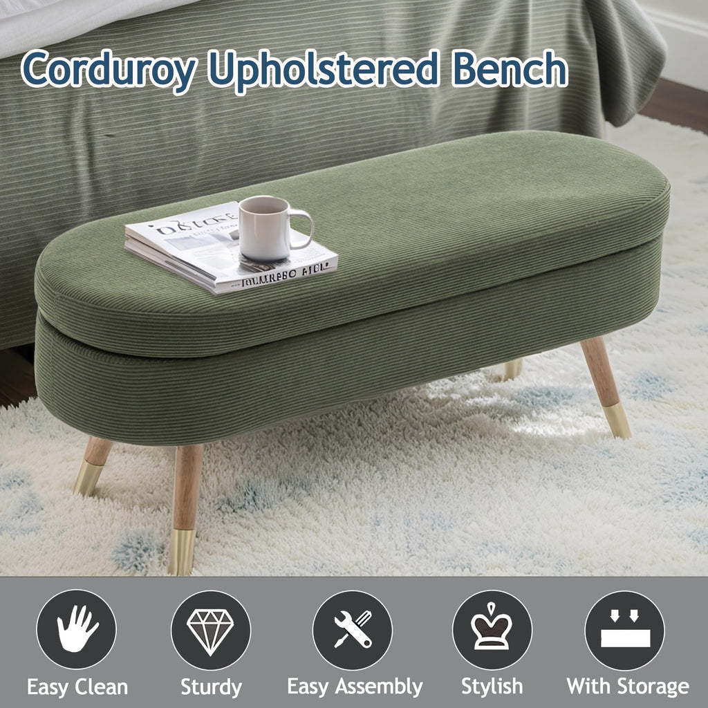 Oval Storage Bench 43.5" Ottoman Bench Upholstered Boucle Fabric Footrest Bench with Golden Metal Legs End of Bed