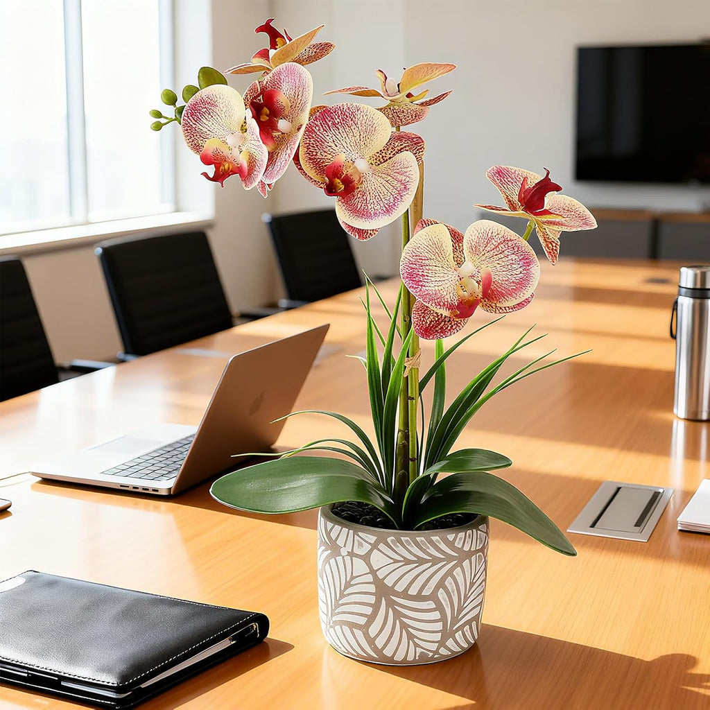 Artificial Orchid Flower Plant, 14.9'' Real Touch Faux Orchid Pink with Ceramic Vase, Fake Orchid Arrangements Home