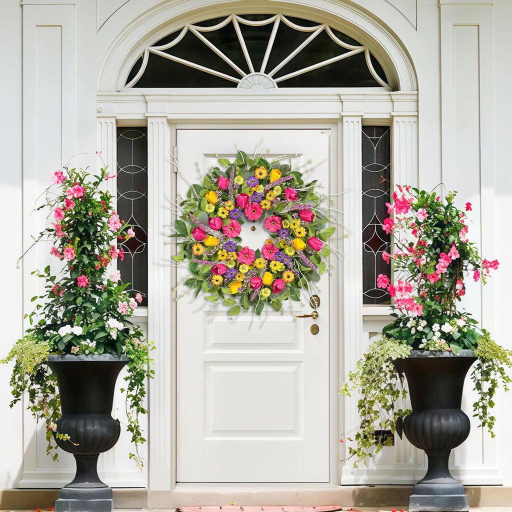 Spring Wreaths for Front Door, 24 Inch Artificial Tulip & Wildflower Floral Wreath, Large Spring Front Door Wreath