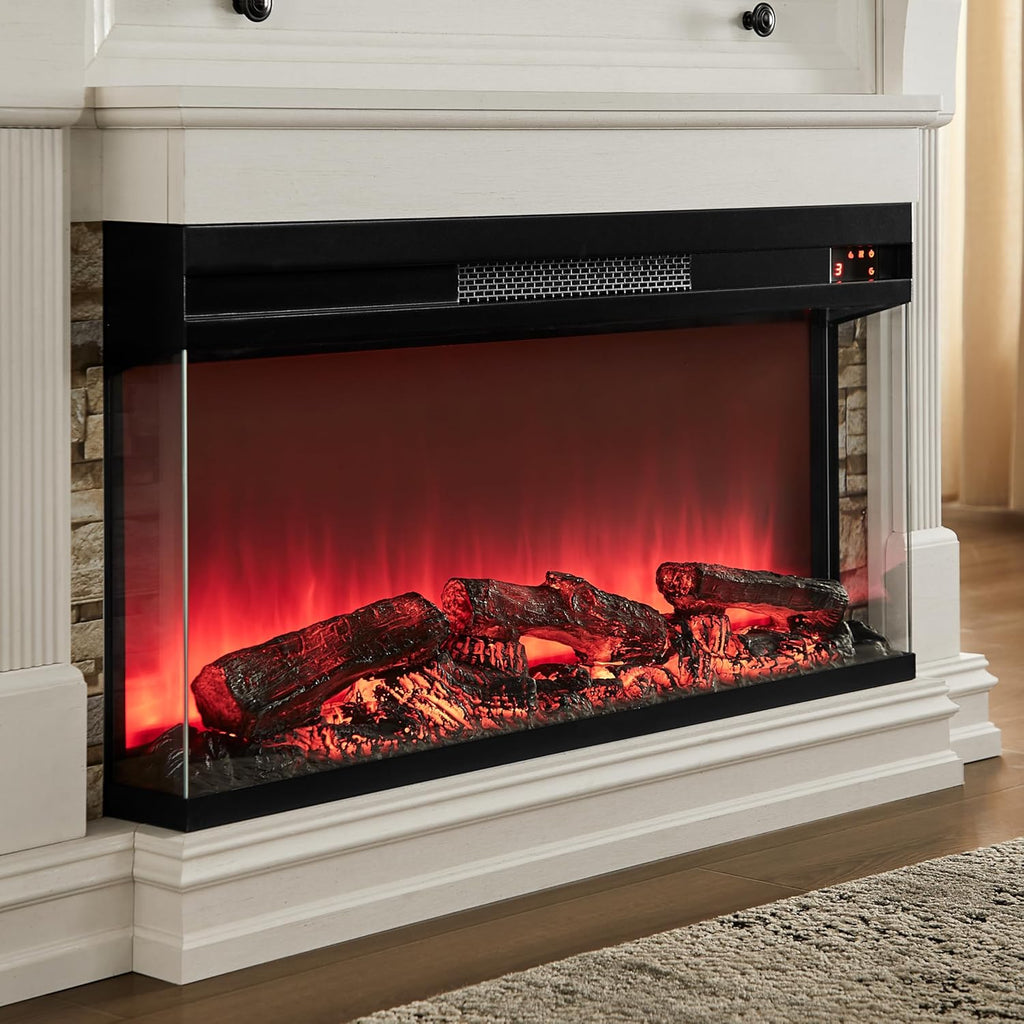 52 Inch Electric Fireplace with Mantel, Fireplace TV Stand with 36" 3-Sided Glass Electric Fireplace Heater for