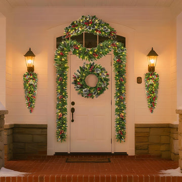 Pre-Lit LED Artificial Christmas Garlands Set of 6-2 Pcs Long Garlands, 2 Pcs Teardrop Decorations, 1 Round Wreath &