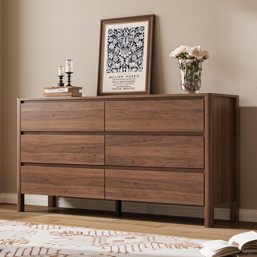 Walnut 6 Drawer Dresser, 55"Wide Modern Wood Dresser