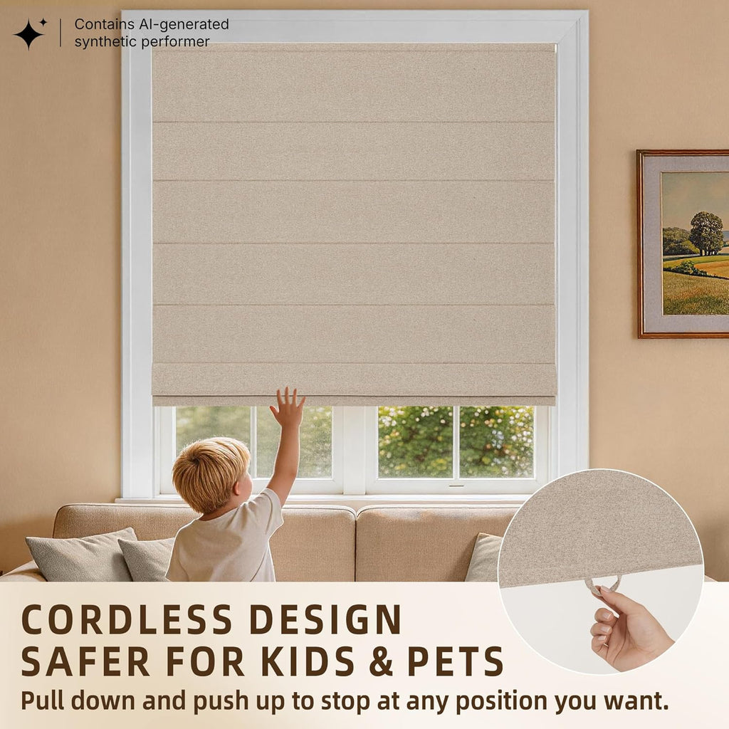No Drill Cordless Roman Shades for Windows, Brown, 36" W x 48" H | 100% Blackout UV Protection, Linen-Like Polyester