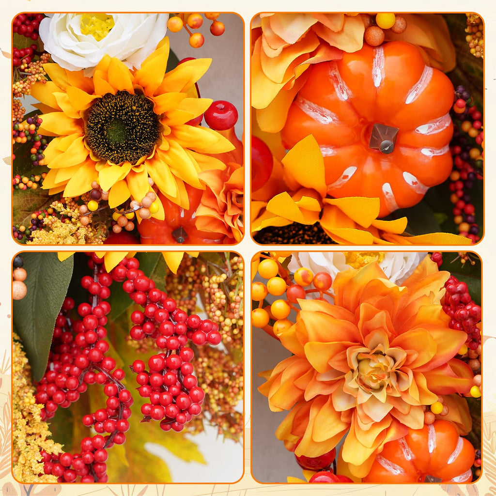 Fall Wreaths for Front Door, 24 Inch Autumn Wreath Luxury Harvest and Thanksgiving Indoor & Outdoor, Fall Door Wreath