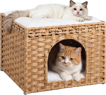 Handwoven Rattan Cat House - Indoor Foldable Cat Bed Cave with 2 Removable Bed Mats, Large Kitten House, Hideaway Pet