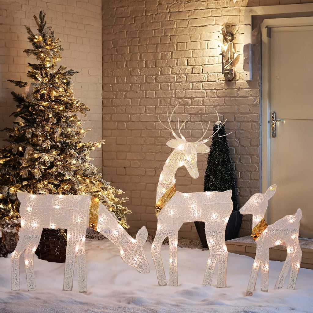 Christmas Outdoor Decoration, 3-Piece Lighted 2D Reindeer Family with 60 L, Pre-Lit Light Up Deer Set, Waterproof