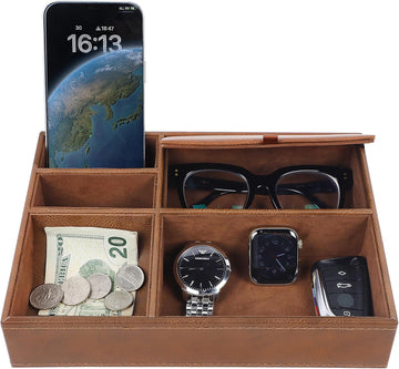 Men's Valet Tray, 5 Compartments, Brown
