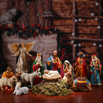 12 Pcs Nativity Sets for Christmas Indoor,7 Inch The Life Christmas Nativity Scene Figures Jesus,Stable,Palm Tree