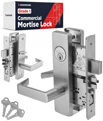 Grade 1 Commercial Mortise Lock Set, F20 Apartment Corridor Function, Escutcheon Panel Trim, Satin Stainless Steel