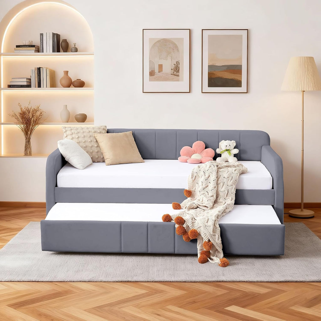 Twin Size Velvet Daybed Frame with Pop-up Trundle Bed Guest/Living Room, Space-Saving Upholstered Sofabed with USB