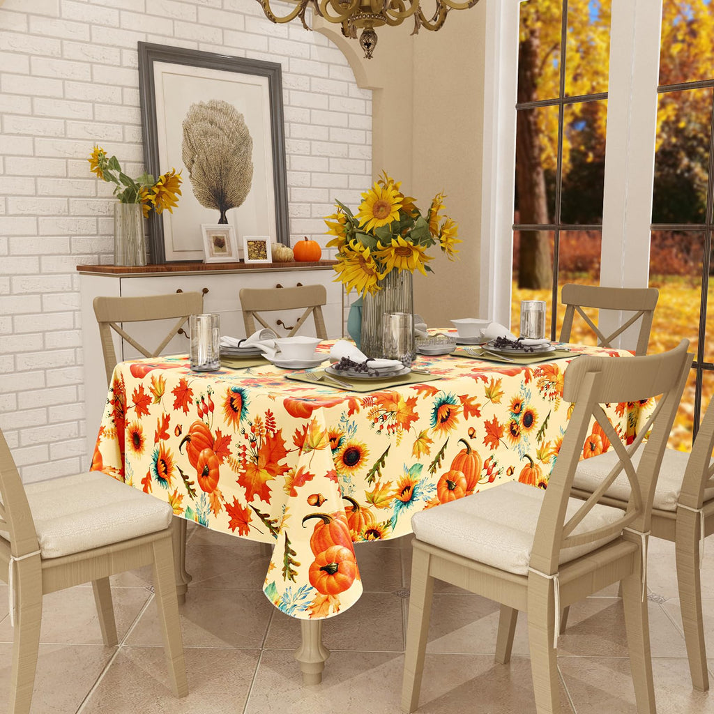 Rectangle Waterproof Vinyl Table Cloth, Wipeable Tablecloth with Flannel Backing, Plastic Table Cover for Fall