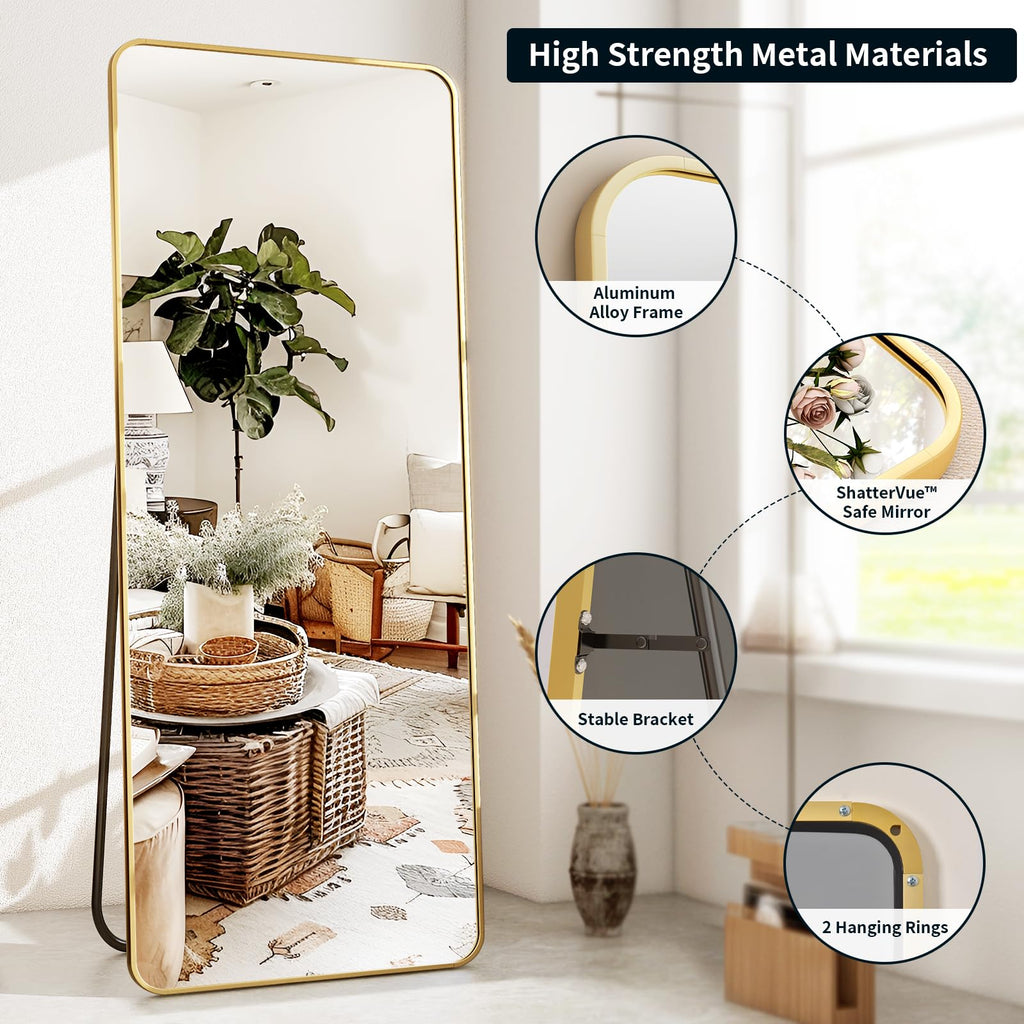 Full Length Mirror 23"x66", Large Floor Mirror with Rectangle Rounded Corners, Gold Aluminum Alloy Frame, Wall Mirror