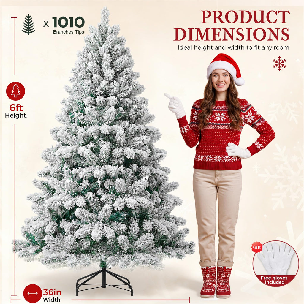 6ft Snow Flocked Artificial Christmas Tree Unlit with 1010 Branch Tips
