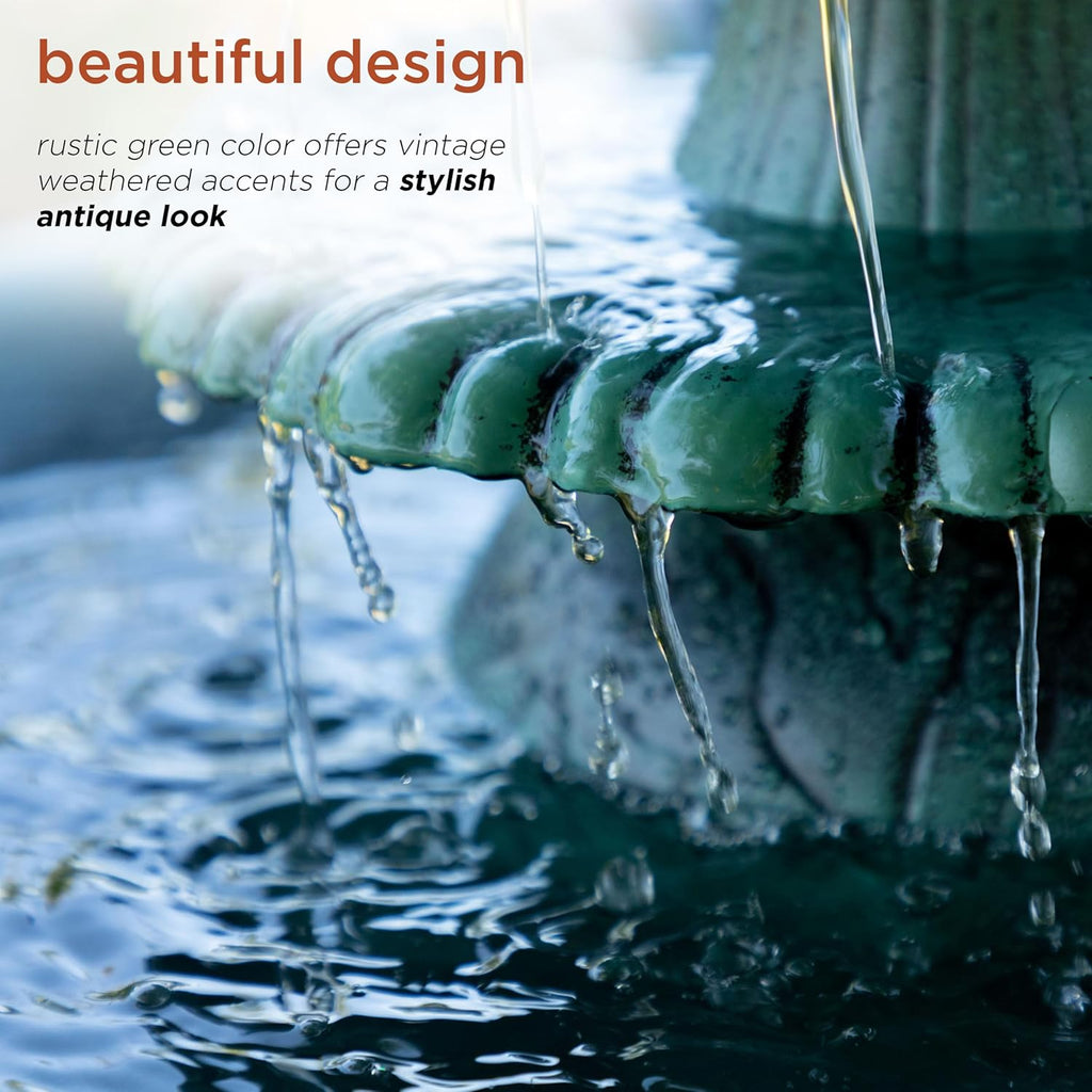 35" Tall 3-Tier Outdoor Pedestal Water Fountain - Durable Resin Cascading Water Feature and Birdbath, Green
