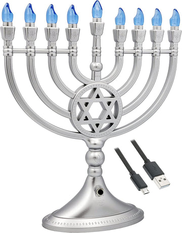 Traditional LED Electric Silver Matte Hanukkah Full Size 13 Inches Tall Battery or USB Powered - Includes a Micro USB