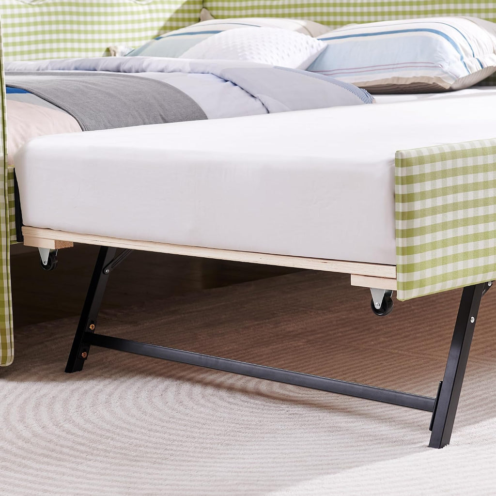 Full Size Upholstery Daybed with Trundle and USB, Full to King Design Adorable Wave Shaped Extendable Linen Sofa Bed