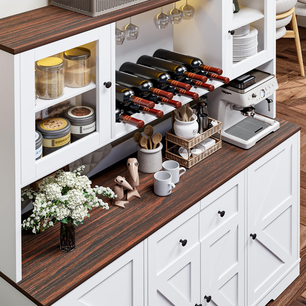 68" Tall Kitchen Pantry Storage Cabinet with Charging Station, 55" Wide Kitchen Hutch Cabinet with Large Countertop