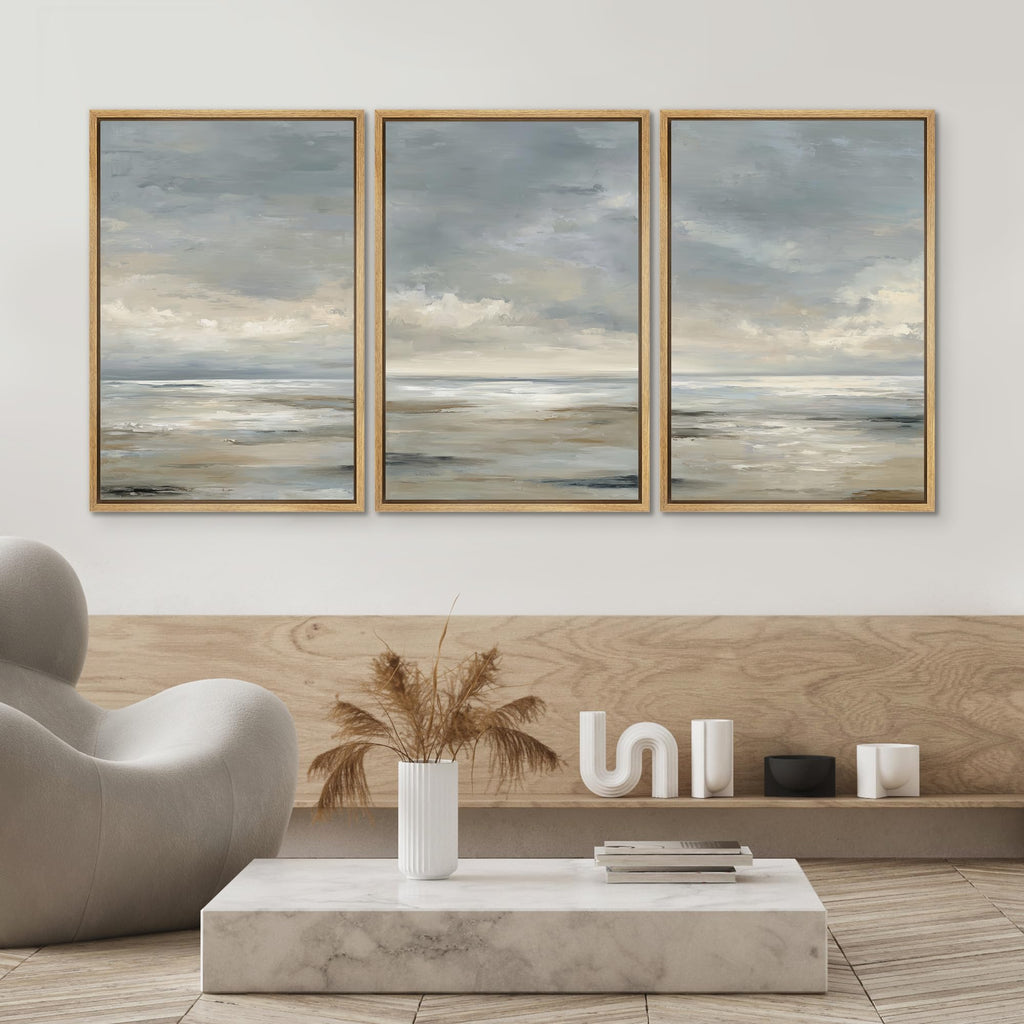 Framed Wall Art Print Set Grey Wave Calm Sea Landscape Illustrations Modern Art Chic Multicolor - 24"x36"x3 NATURAL