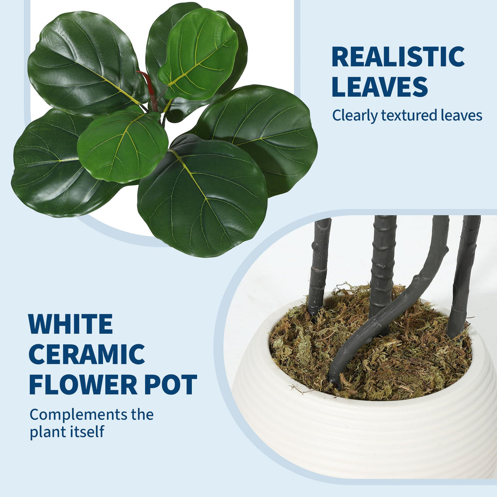 7FT Artificial Ficus Lyrata Tree, Bendable Boughs, Modern White Pot Included, Perfect Living Room Decor Indoor, Tall