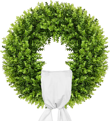 20" Boxwood Wreath for Front Door with Sash & Plaid Bow, Full Lush Artificial Greenery Wreath for Spring Summer