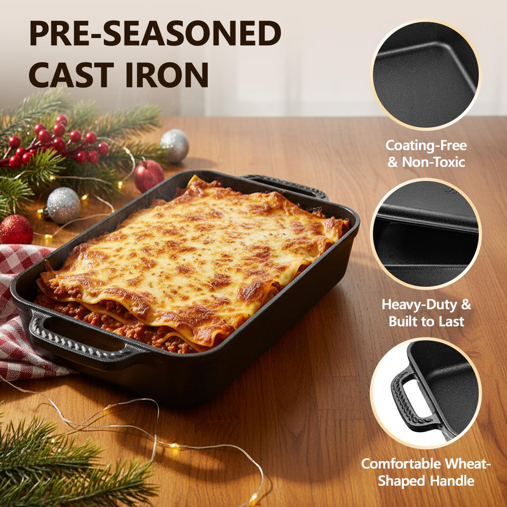 Cast Iron Casserole Dish with Lid 9x13", 2-In-1 Cast Iron Baking Pan