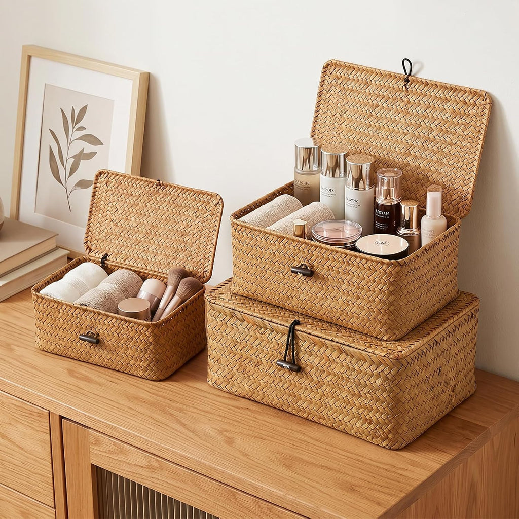 Wicker Basket With Lid Set of 3 Natural Seagrass Storage Bins Rectangular Woven Basket with Lid for Shelf Organizing