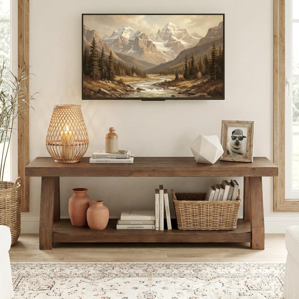 63" Solid Wood TV Stand, 2-Tier Media Console with Open Storage, Farmhouse Entertainment Center, Easy Assembly