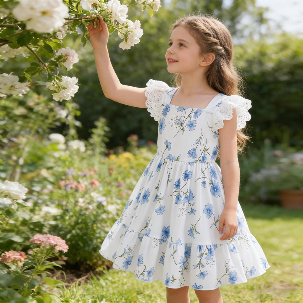 Girl A-Line Dress Summer Hollow Out Lace Sleeve Party Sundress Kids Casual Ruffle Hem Outfit Clothes 18Month
