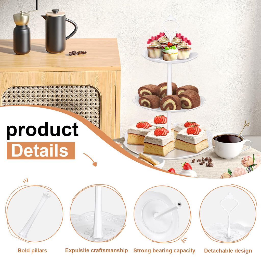 10Pcs Cupcake Stand, Dessert Table Display Set, 4 White 3 Tired Cake Stand 6 Plastic Serving Trays for Party Cookie