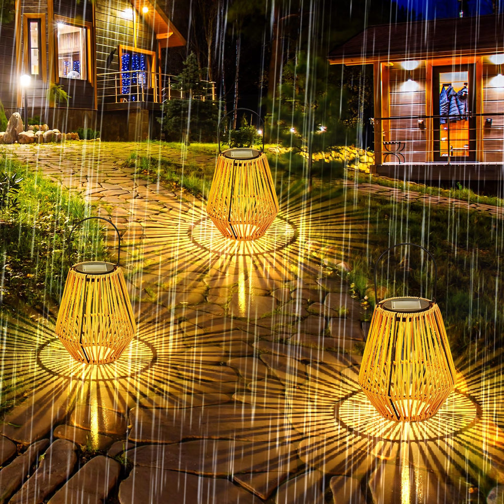 4 Pack Solar Lantern Outdoor Waterproof Rattan, Square