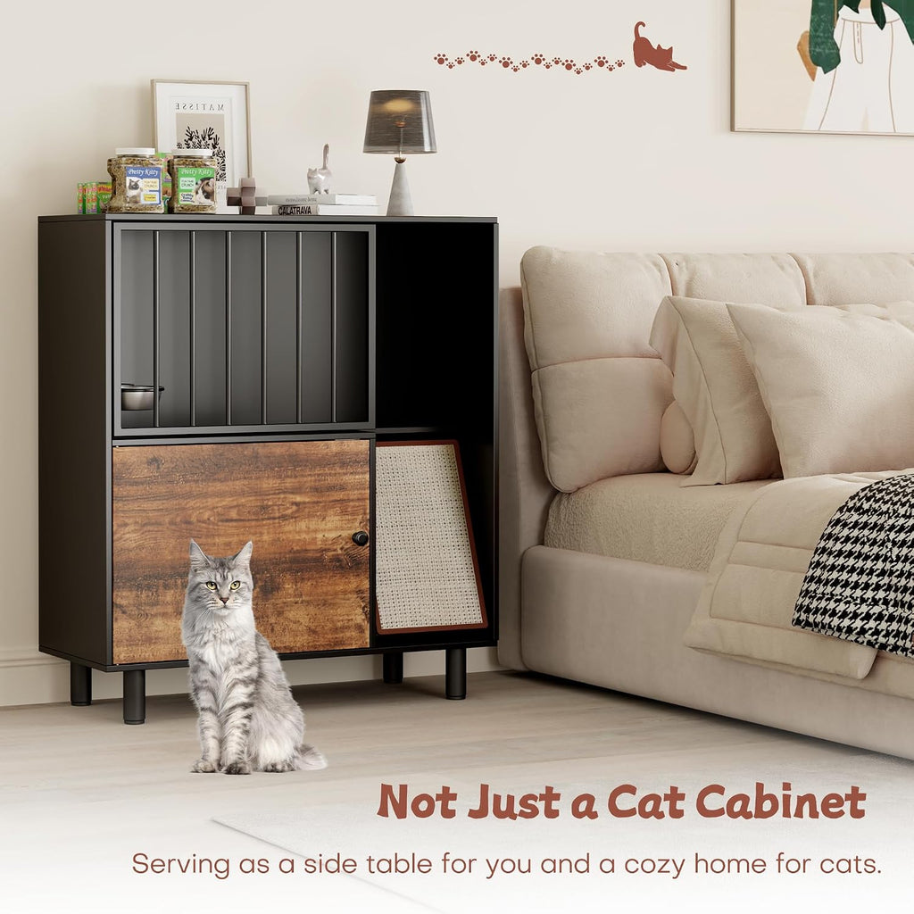 Dog Proof Cat Feeding Station, Cat Feeding Station Furniture with Storage and Cats Scratching Board, 2 Raised Pet