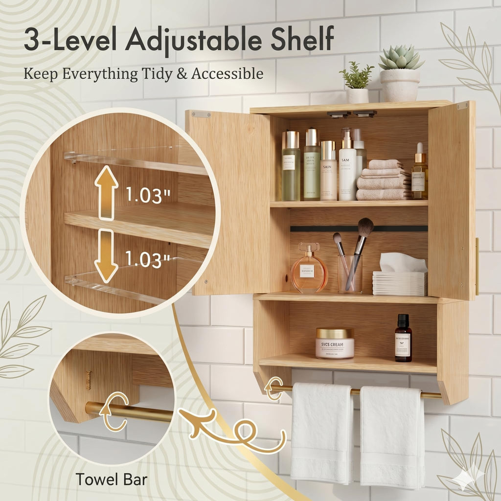 Narrow Bathroom Wall Cabinet with Towel Rack, Space Saving Medicine Cabinet for Small Spaces, Farmhouse Fluted Wall