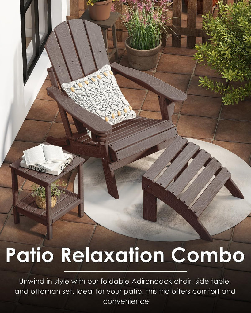 Folding-Adirondack-Chairs Set of 2, HDPE Wood Grain, Dark Brown | Hidden Cup Holder | 5" Wide Armrests | Foldable