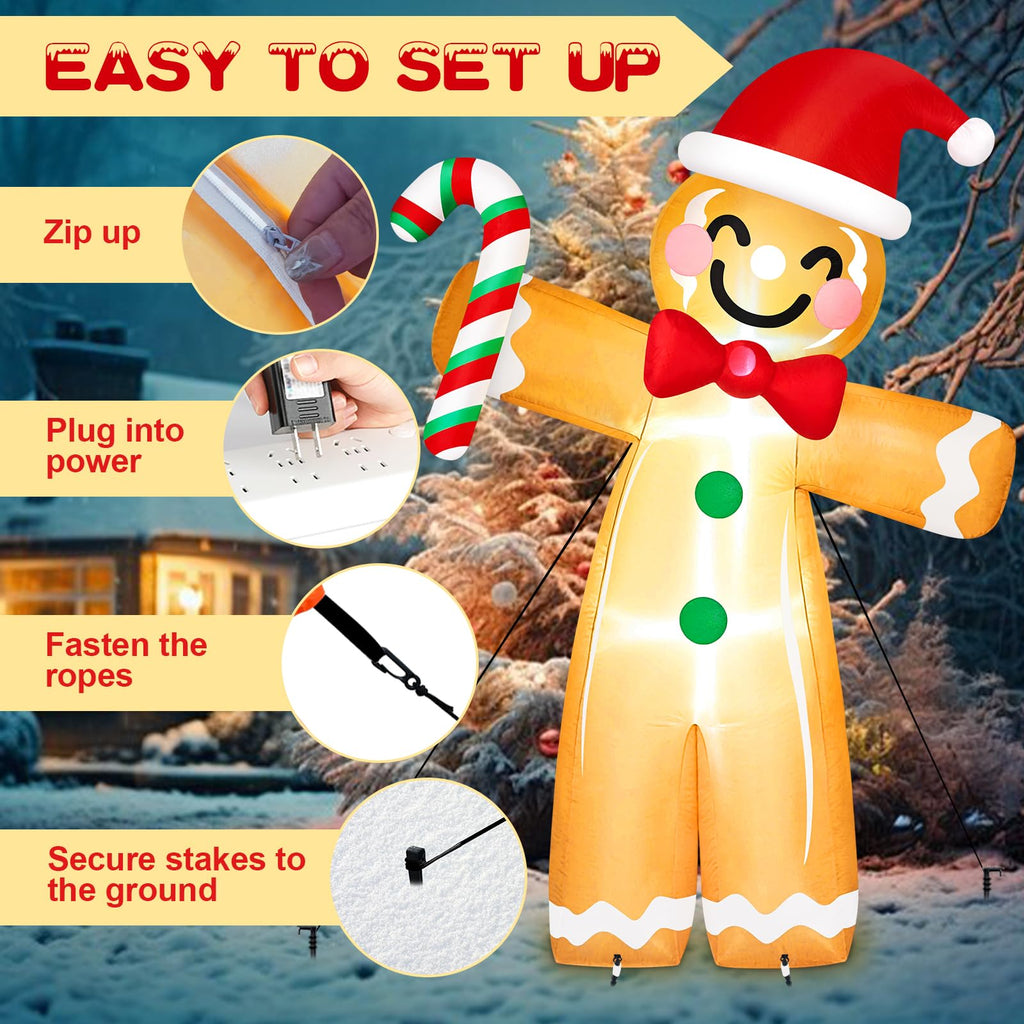8FT Tall Giant Gingerbread Inflatable Christmas Decorations Outdoor Candy Cane, Built-in LED Lights Funny Ginger