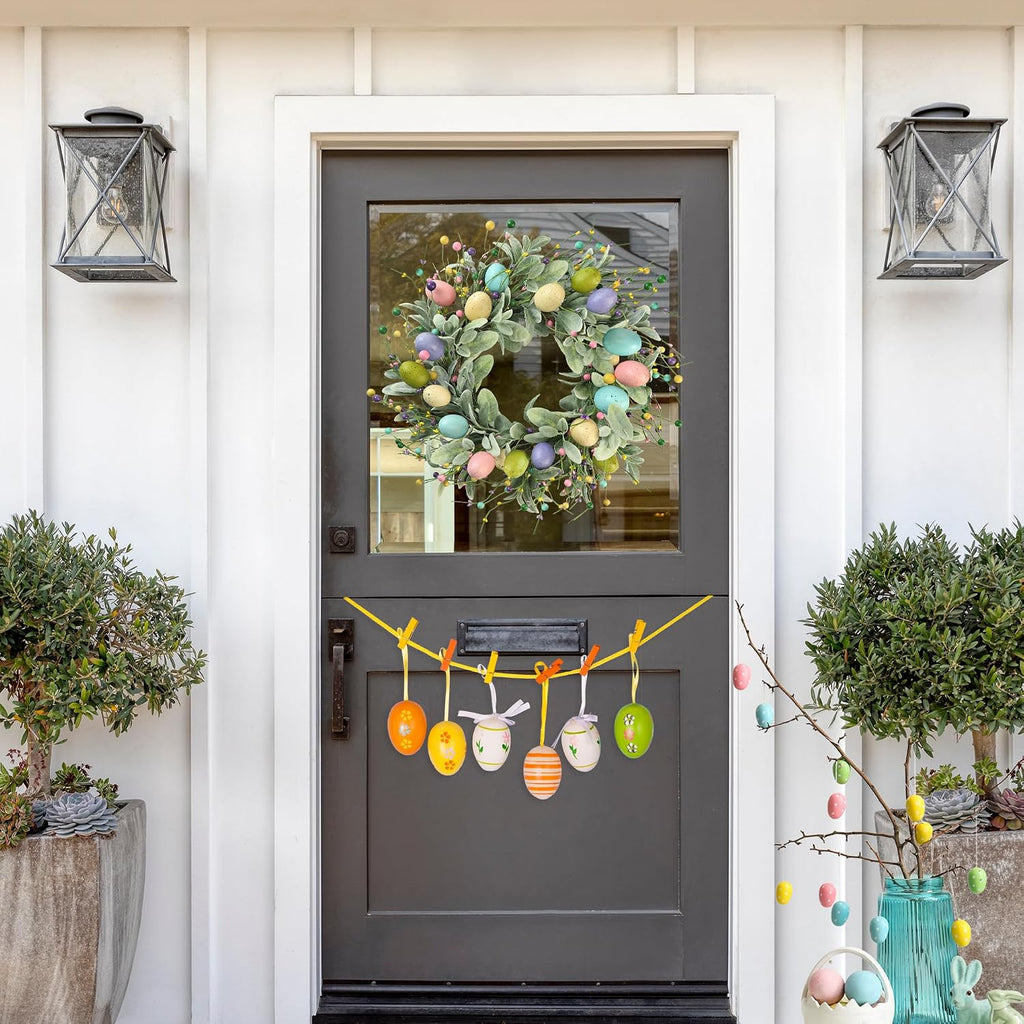 20 Inch Artificial Easter Wreath Spring Wreath with Colorful Eggs Berries Flocked Lambs Ear Leaves for Front Door