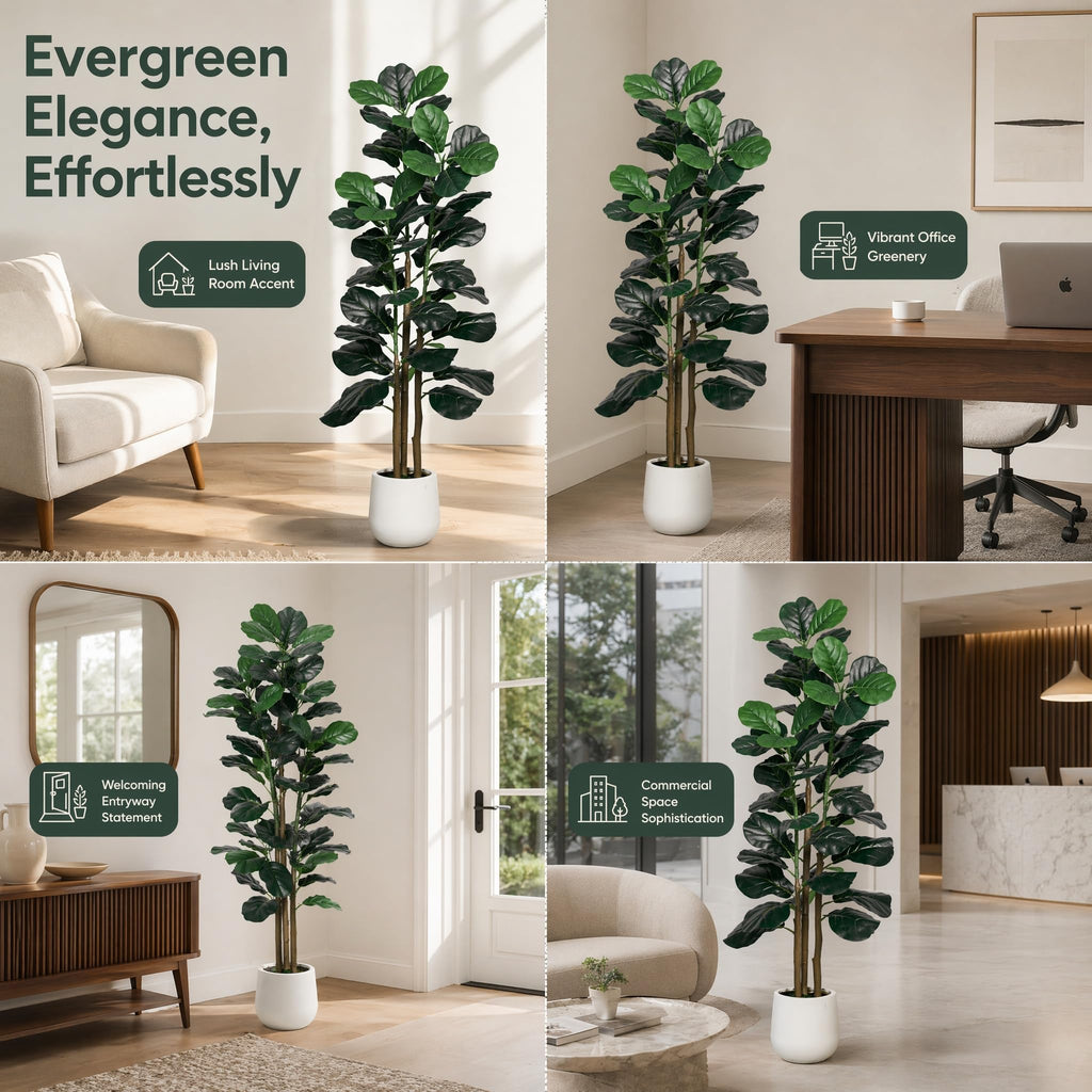 5FT Faux Fiddle Leaf Fig Tree with White Planter Pot, Fake Tree with 3 Trunks, Faux Floor Plant, Indoor and Outdoor
