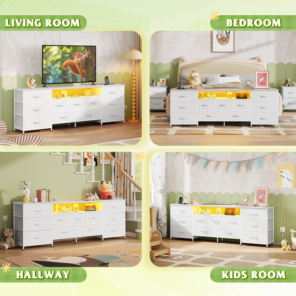LED Long Dresser TV Stand for 85 Inch TV, S/M/L 11 Drawers, White