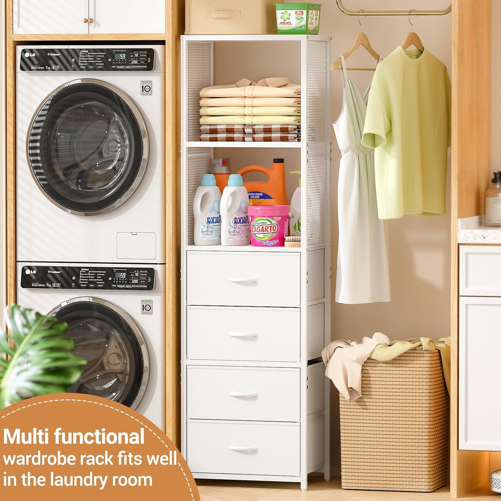 Closet Drawer Organizer, Freestanding Closet System with 4 Drawers, Walk-in Closet Storage Unit with Wooden Top &