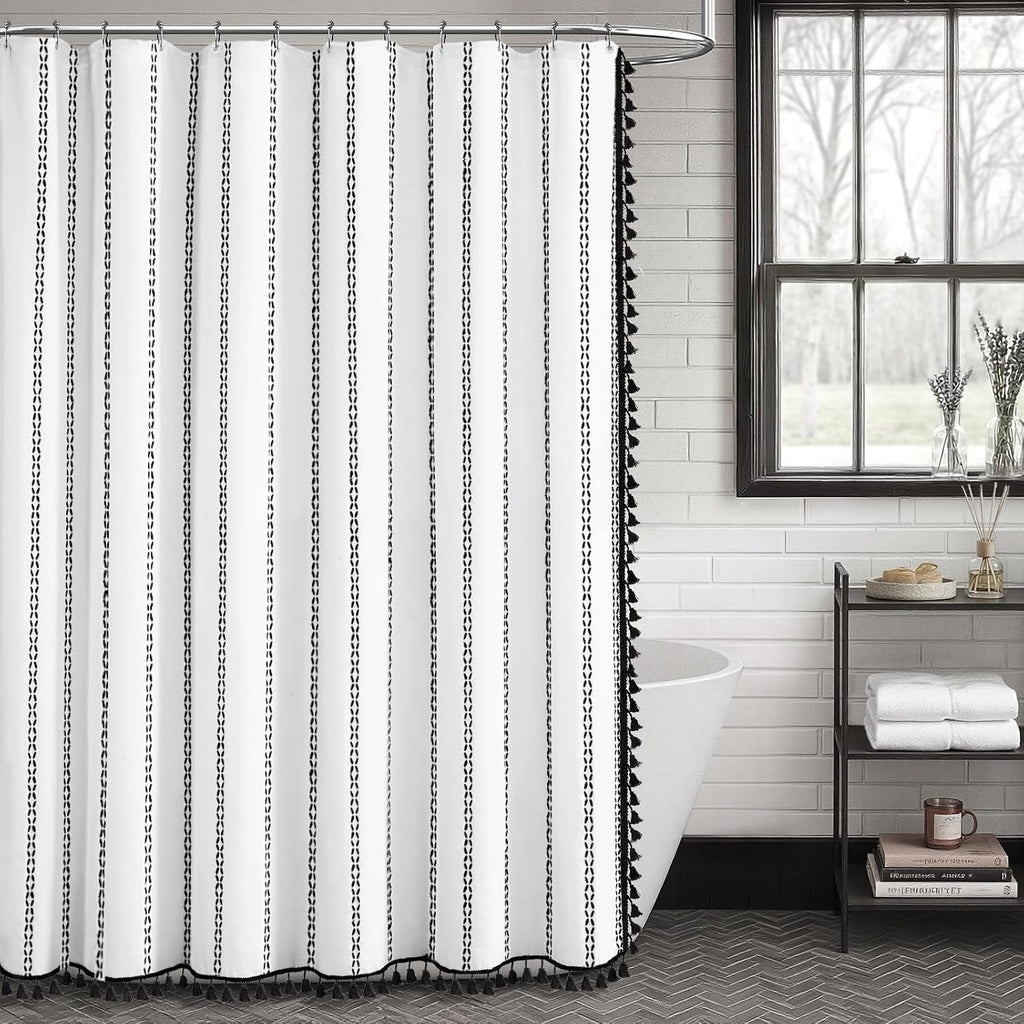Black and White Boho Shower Curtain, 72" W X 72" L | Farmhouse Linen Striped Fabric with Tassels
